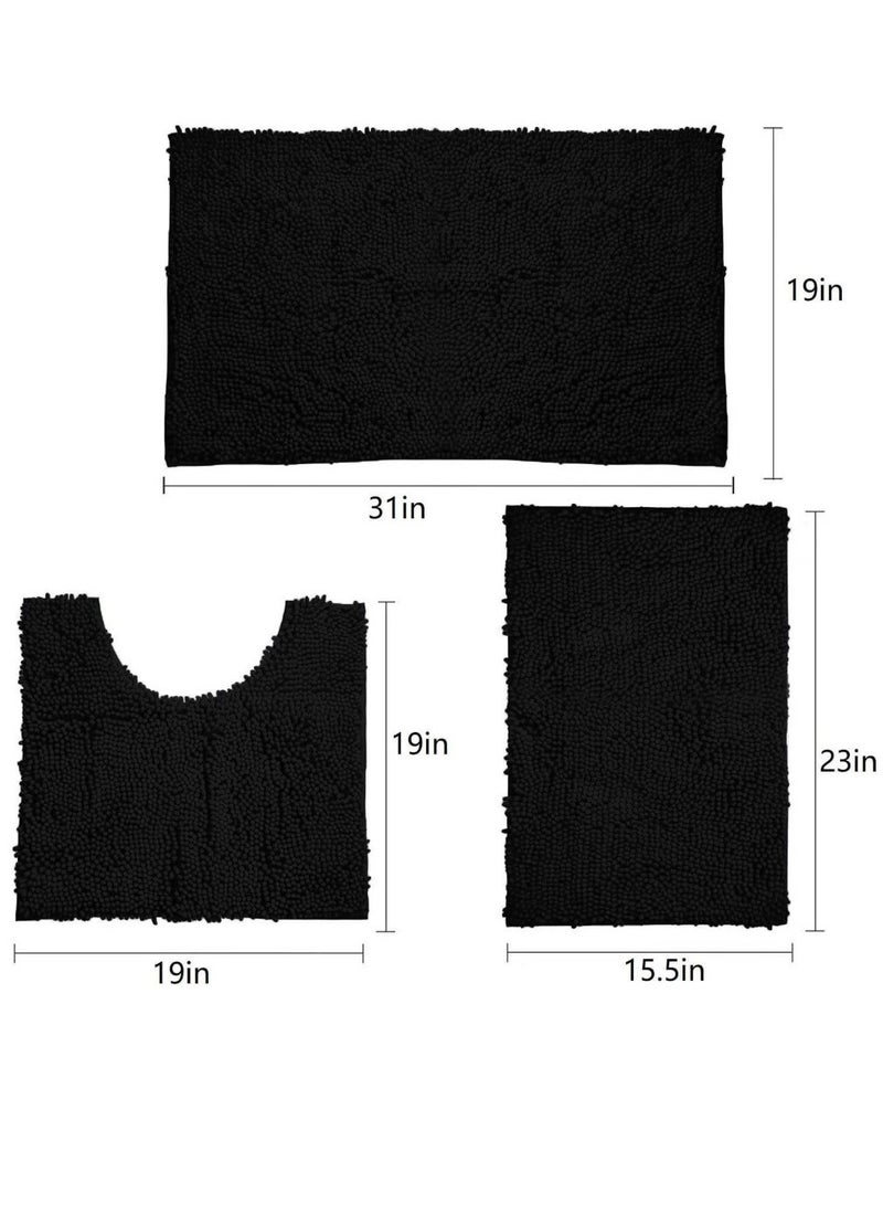 3-Pieces Simple Soft Chenille Bathroom Mat Set Water Absorbent Non-Slip Bathroom Floor Mat Bathroom Floor Mat Black
