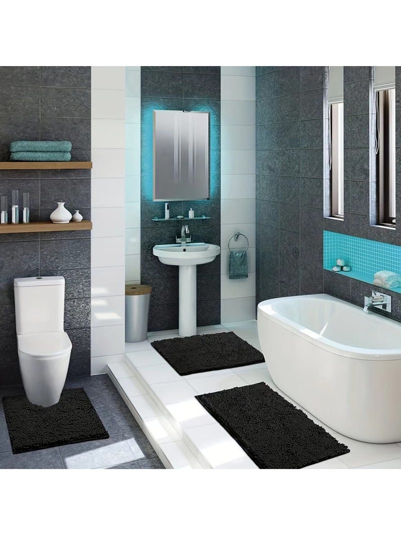 3-Pieces Simple Soft Chenille Bathroom Mat Set Water Absorbent Non-Slip Bathroom Floor Mat Bathroom Floor Mat Black