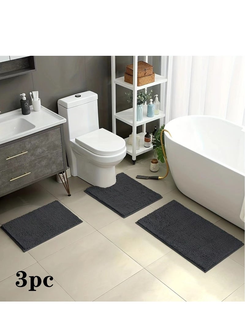 3-Pieces Simple Soft Chenille Bathroom Mat Set Water Absorbent Non-Slip Bathroom Floor Mat Bathroom Floor Mat Black