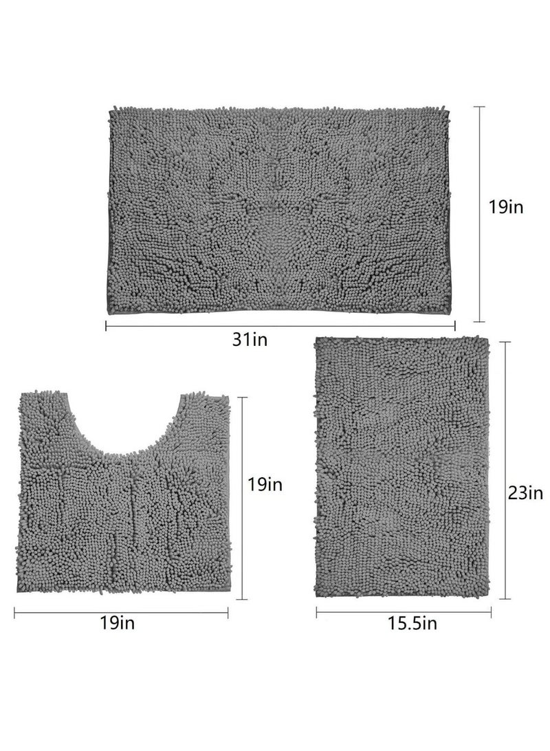 3-Pieces Simple Soft Chenille Bathroom Mat Set Water Absorbent Non-Slip Bathroom Floor Mat Bathroom Floor Mat Grey