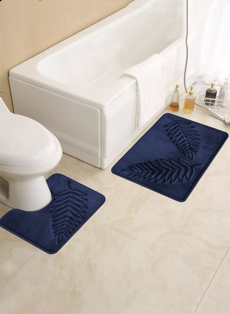 3-Pieces European Simple Style Toilet Floor Mat Suit Coral Velvet Bathroom Carpet Set Dark Blue