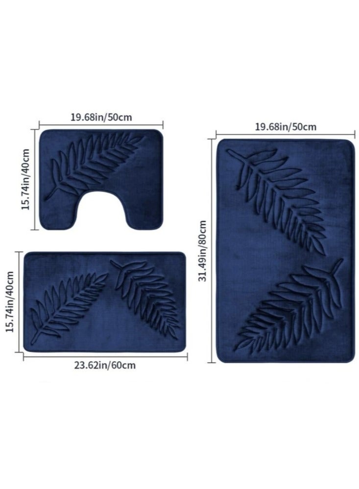 3-Pieces European Simple Style Toilet Floor Mat Suit Coral Velvet Bathroom Carpet Set Dark Blue