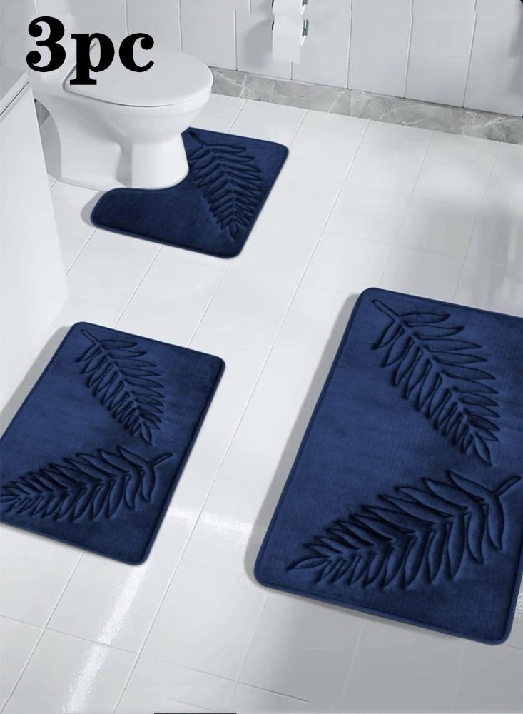 3-Pieces European Simple Style Toilet Floor Mat Suit Coral Velvet Bathroom Carpet Set Dark Blue