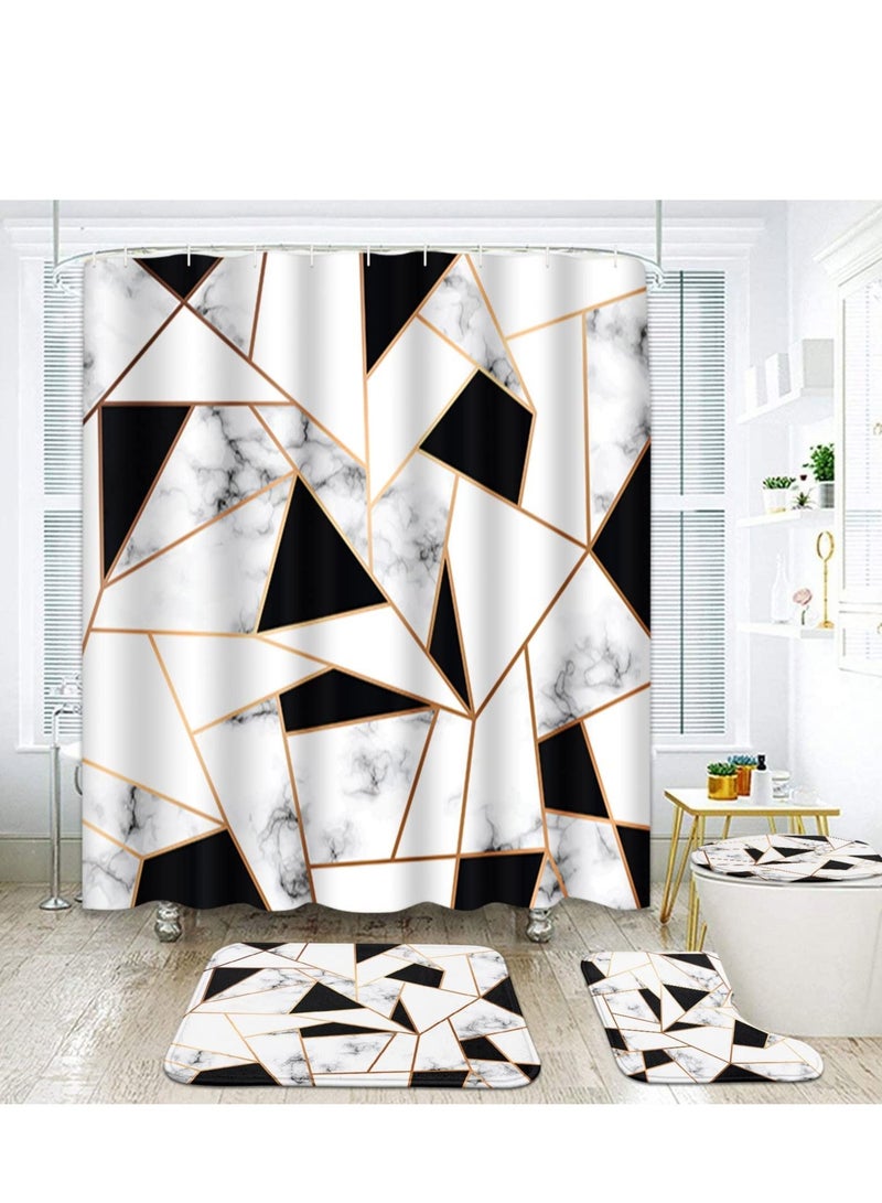 Geometric Marble Shower Curtain Set 4Pcs White and Black Grid Curtain Shower Set Gold Stripe Waterproof Bathroom Curtain Standard Size with Non-Slip Rugs, Toilet Lid Cover and Bath Mat with Hook Geome