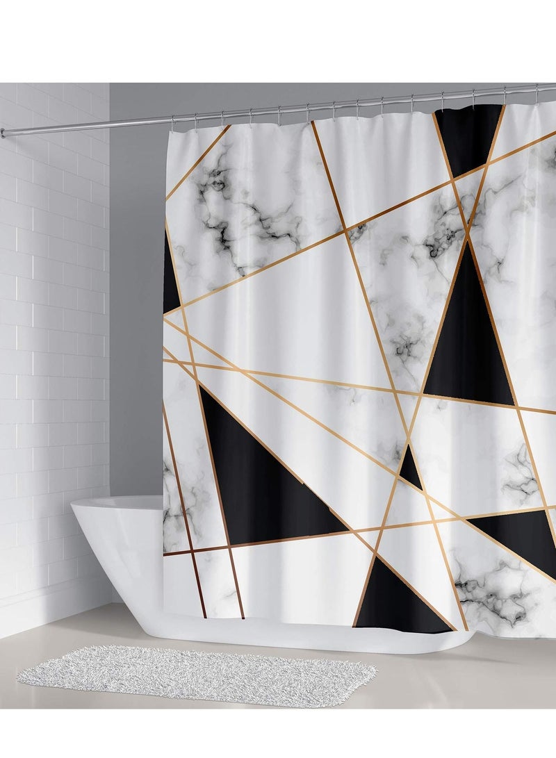 Geometric Marble Shower Curtain Set 4Pcs White and Black Grid Curtain Shower Set Gold Stripe Waterproof Bathroom Curtain Standard Size with Non-Slip Rugs, Toilet Lid Cover and Bath Mat with Hook Geome