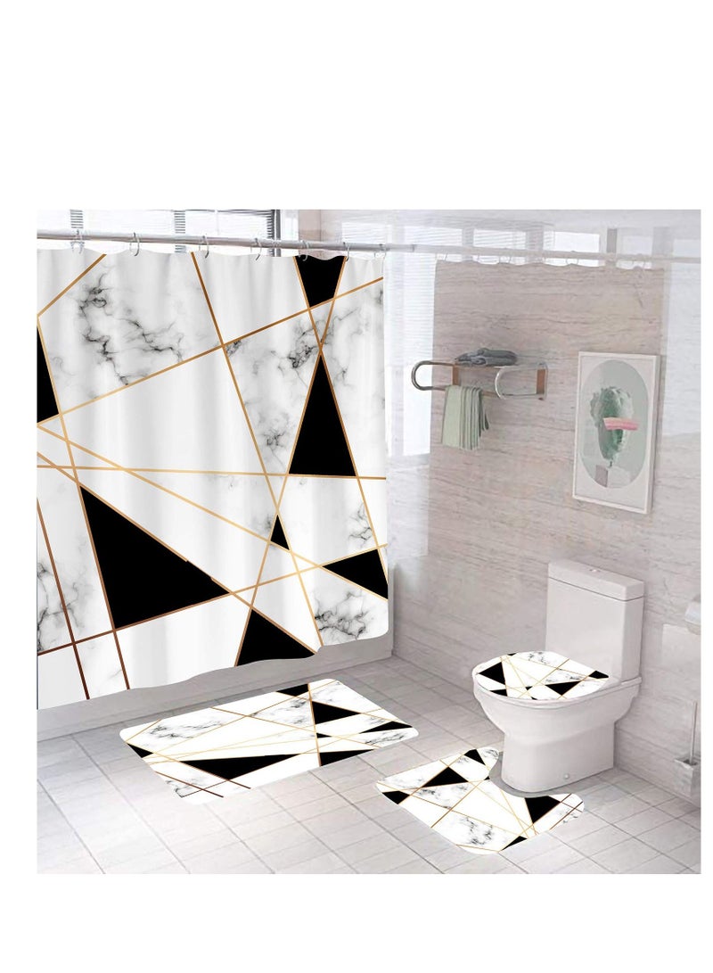 Geometric Marble Shower Curtain Set 4Pcs White and Black Grid Curtain Shower Set Gold Stripe Waterproof Bathroom Curtain Standard Size with Non-Slip Rugs, Toilet Lid Cover and Bath Mat with Hook Geome