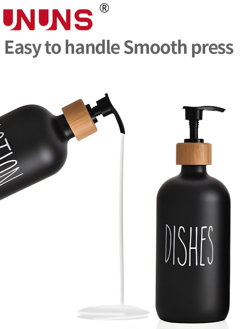 Soap Dispenser Set,2PCS 500ml/17oz Hand Soap And Dish Soap Dispenser With Bamboo Tray,Soap Dispenser For Kitchen Sink And Bathroom(Matte Black)