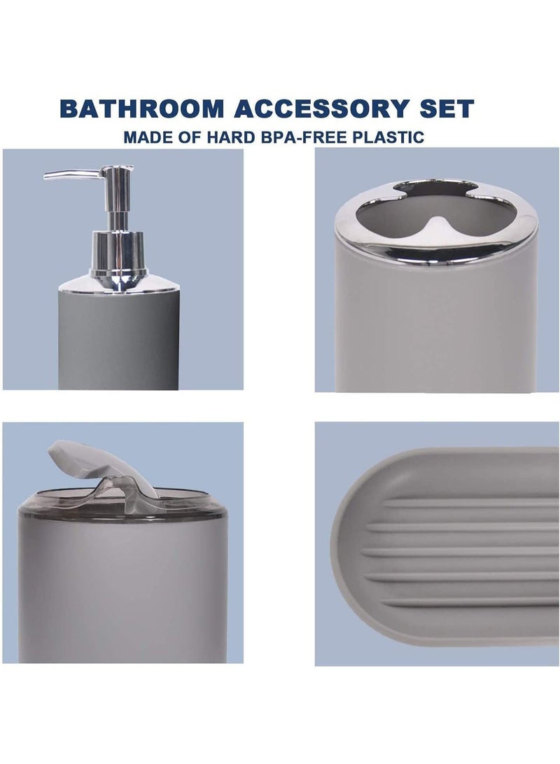 Bathroom Accessories Set, Plastic Gift Bath Set of 6 with Trash Can, Toilet Brush, Toothbrush Holder, Soap Dispenser, Soap Dish, Soap and Lotion Set (Grey)