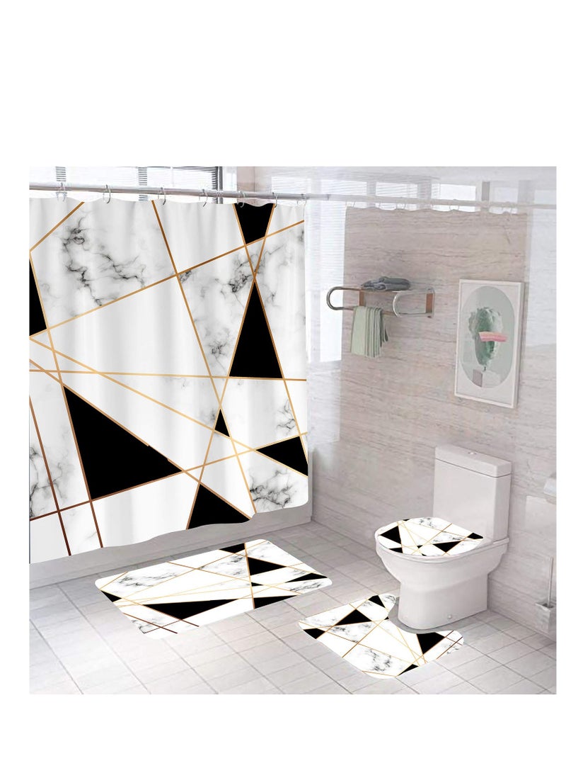 Geometric Marble Shower Curtain Set 4Pcs White and Black Grid Curtain Shower Set Gold Stripe Waterproof Bathroom Curtain Standard Size with Non-Slip Rugs, Toilet Lid Cover and Bath Mat with Hook Geome