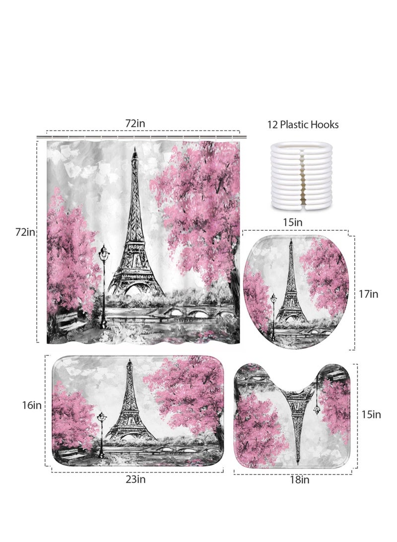 4 Piece Shower Curtain Sets, Pink Ground Eiffel Tower  with Non-Slip Rugs, Toilet Lid Cover and Bath Mat, Durable and Waterproof, for Bathroom Decor Set