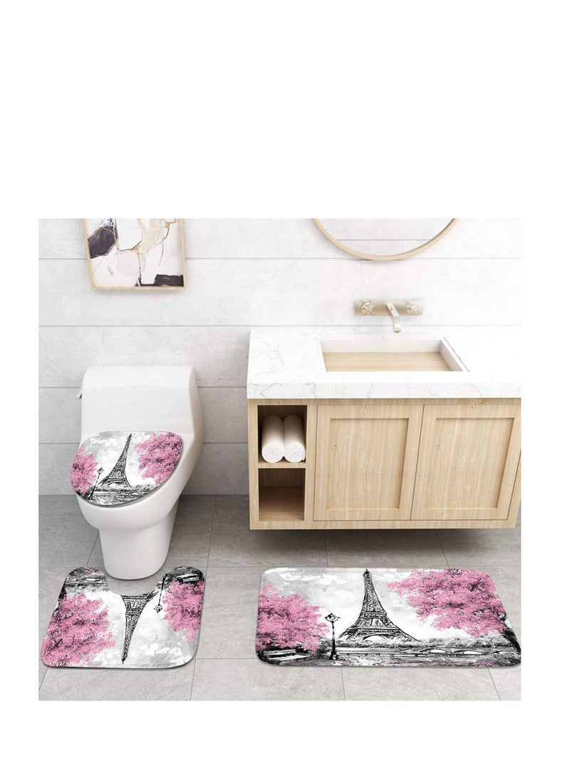 4 Piece Shower Curtain Sets, Pink Ground Eiffel Tower  with Non-Slip Rugs, Toilet Lid Cover and Bath Mat, Durable and Waterproof, for Bathroom Decor Set