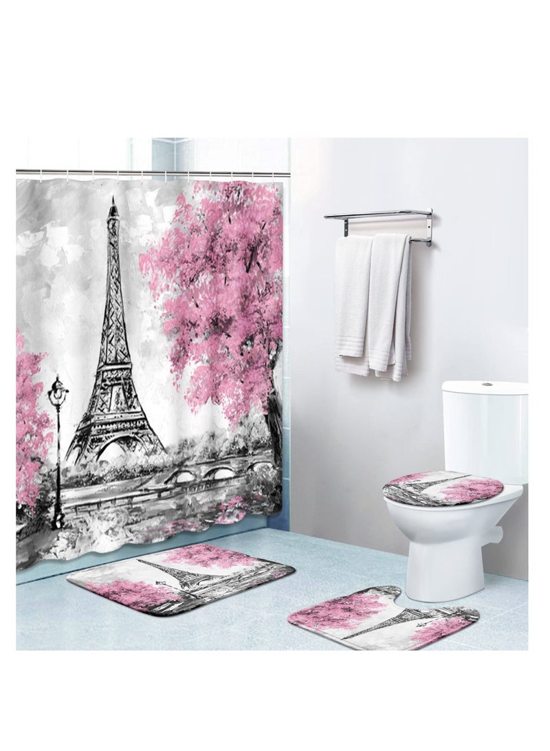 4 Piece Shower Curtain Sets, Pink Ground Eiffel Tower  with Non-Slip Rugs, Toilet Lid Cover and Bath Mat, Durable and Waterproof, for Bathroom Decor Set