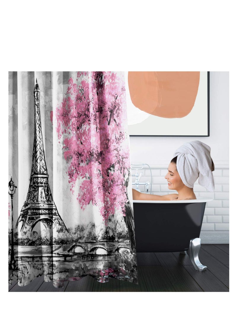 4 Piece Shower Curtain Sets, Pink Ground Eiffel Tower  with Non-Slip Rugs, Toilet Lid Cover and Bath Mat, Durable and Waterproof, for Bathroom Decor Set