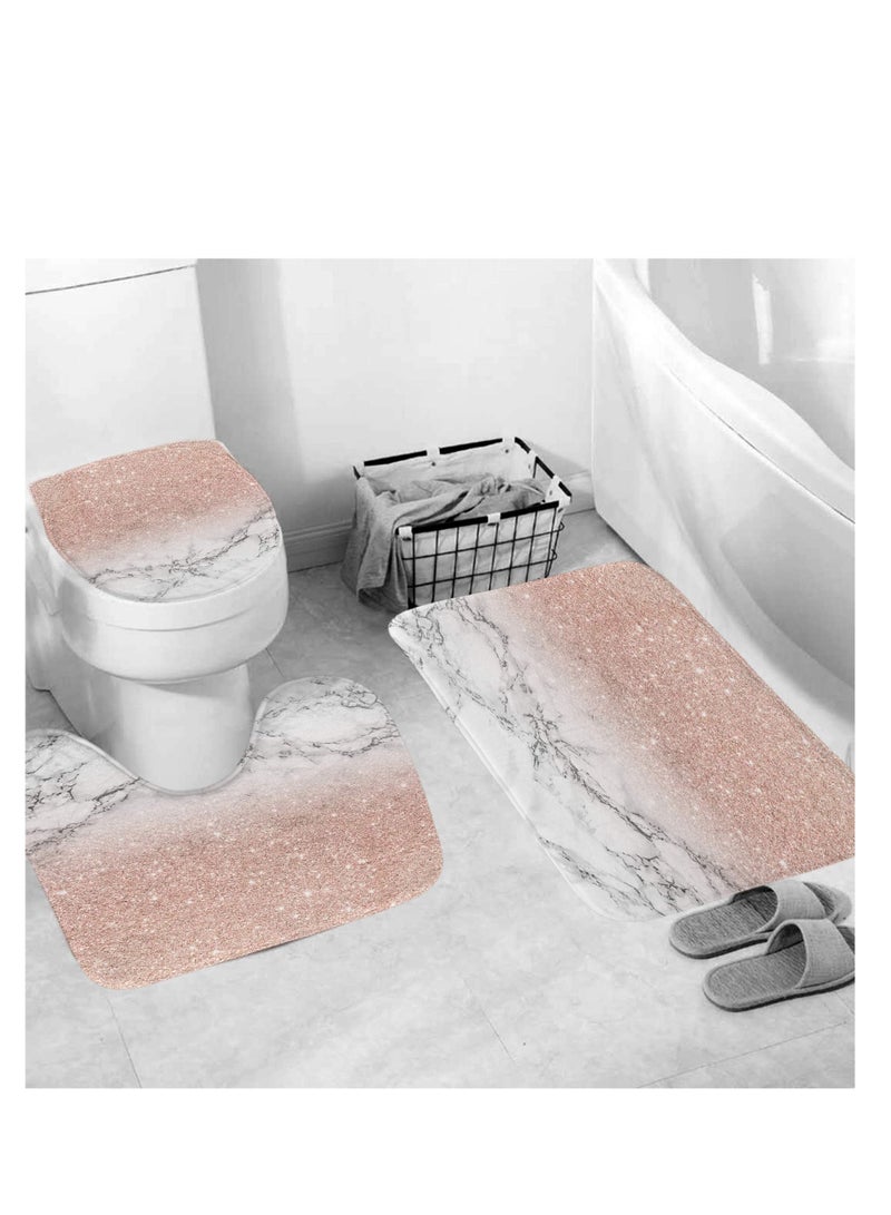 Pink Marble Shower Curtain Set 4 Pieces Bathroom Marble 3D Printing Girl Rose Gold Shining(No Glitter) Fabric Curtain with Rugs and Bath Mat Accessories