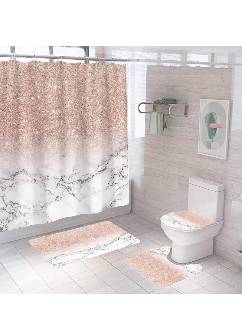 Pink Marble Shower Curtain Set 4 Pieces Bathroom Marble 3D Printing Girl Rose Gold Shining(No Glitter) Fabric Curtain with Rugs and Bath Mat Accessories