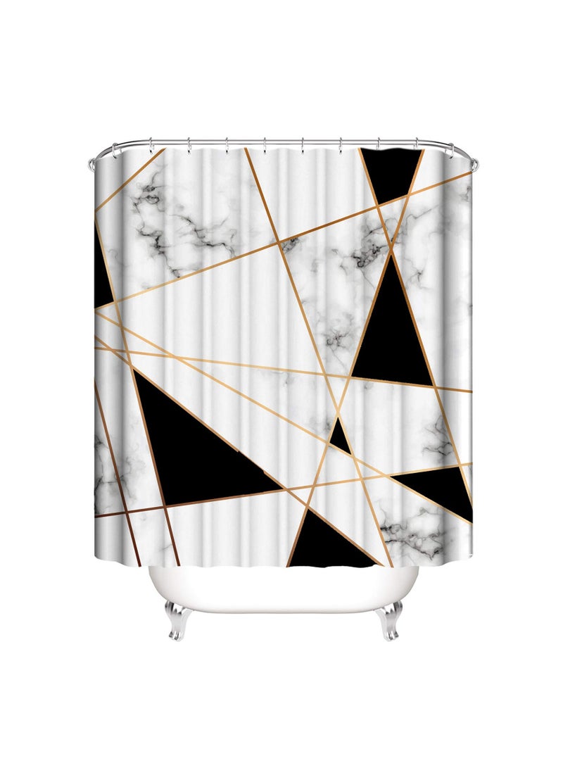 Geometric Marble Shower Curtain Set 4Pcs White and Black Grid Curtain Shower Set Gold Stripe Waterproof Bathroom Curtain Standard Size with Non-Slip Rugs, Toilet Lid Cover and Bath Mat with Hook Geome