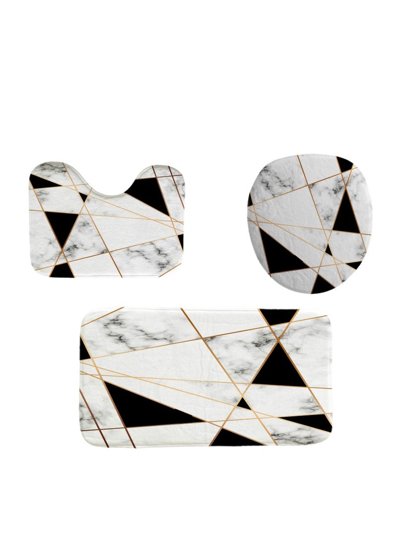Geometric Marble Shower Curtain Set 4Pcs White and Black Grid Curtain Shower Set Gold Stripe Waterproof Bathroom Curtain Standard Size with Non-Slip Rugs, Toilet Lid Cover and Bath Mat with Hook Geome