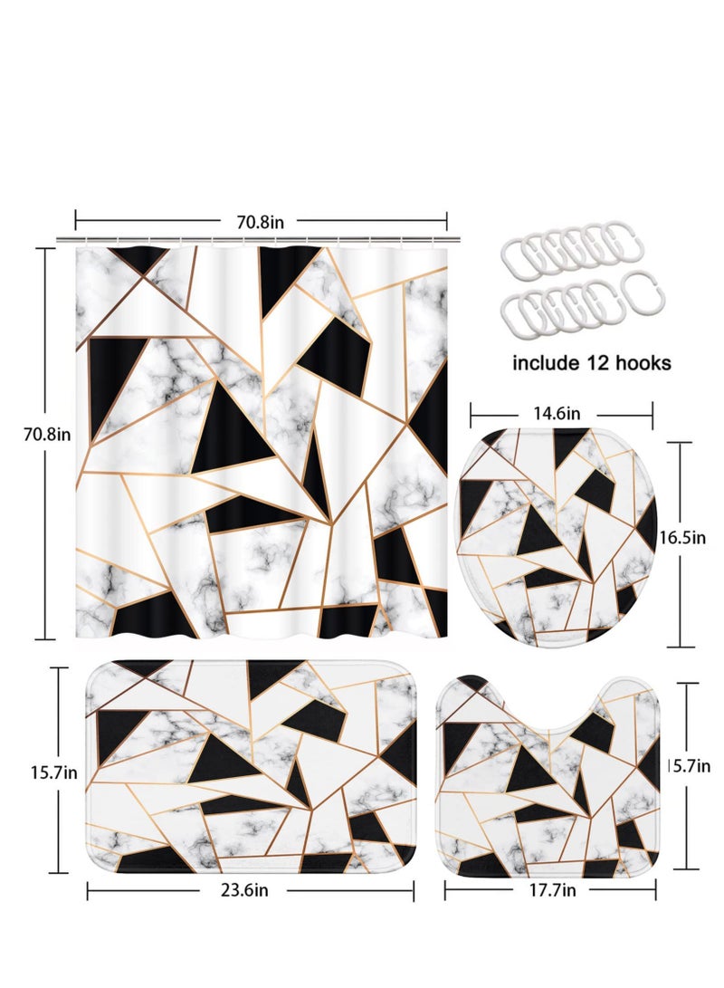 Geometric Marble Shower Curtain Set 4Pcs White and Black Grid Curtain Shower Set Gold Stripe Waterproof Bathroom Curtain Standard Size with Non-Slip Rugs, Toilet Lid Cover and Bath Mat with Hook Geome