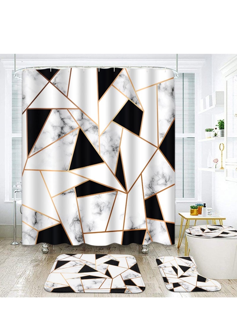 Geometric Marble Shower Curtain Set 4Pcs White and Black Grid Curtain Shower Set Gold Stripe Waterproof Bathroom Curtain Standard Size with Non-Slip Rugs, Toilet Lid Cover and Bath Mat with Hook Geome