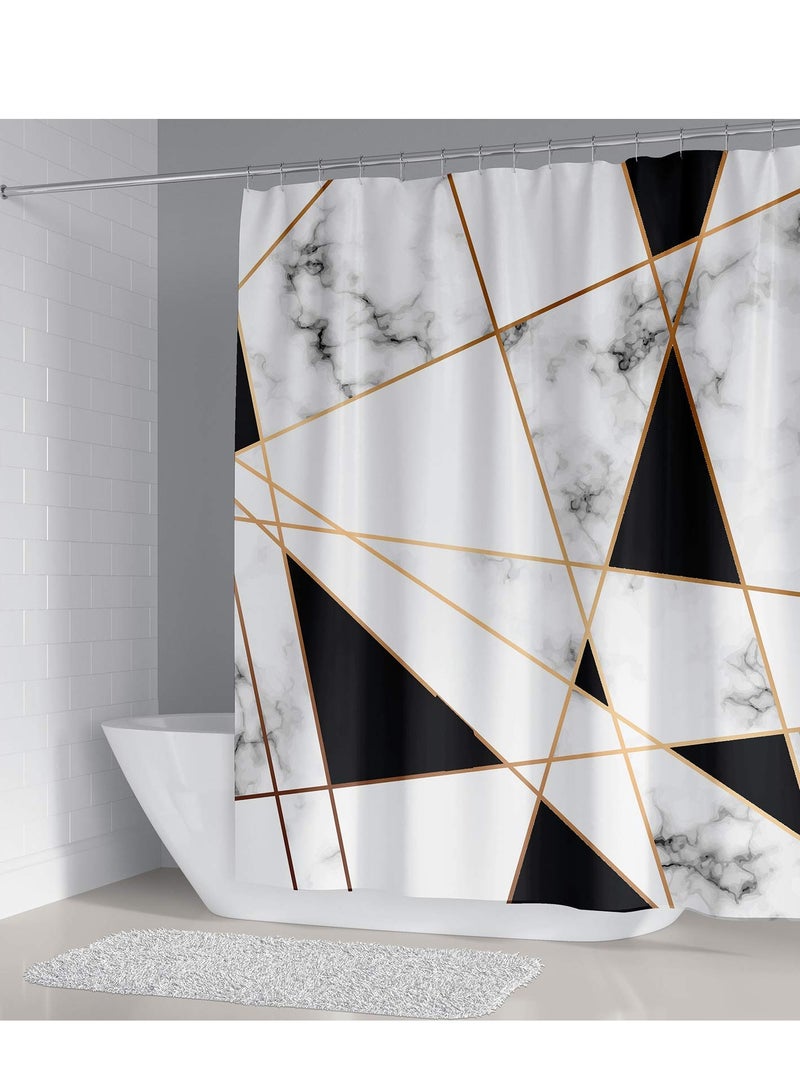 Geometric Marble Shower Curtain Set 4Pcs White and Black Grid Curtain Shower Set Gold Stripe Waterproof Bathroom Curtain Standard Size with Non-Slip Rugs, Toilet Lid Cover and Bath Mat with Hook Geome