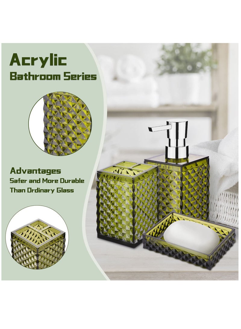 5PCs Glass Bathroom Accessories Set with Decorative Pressed Pattern - Includes Hand Soap Dispenser & Tumbler & Soap Dish & Toothbrush Holder Green