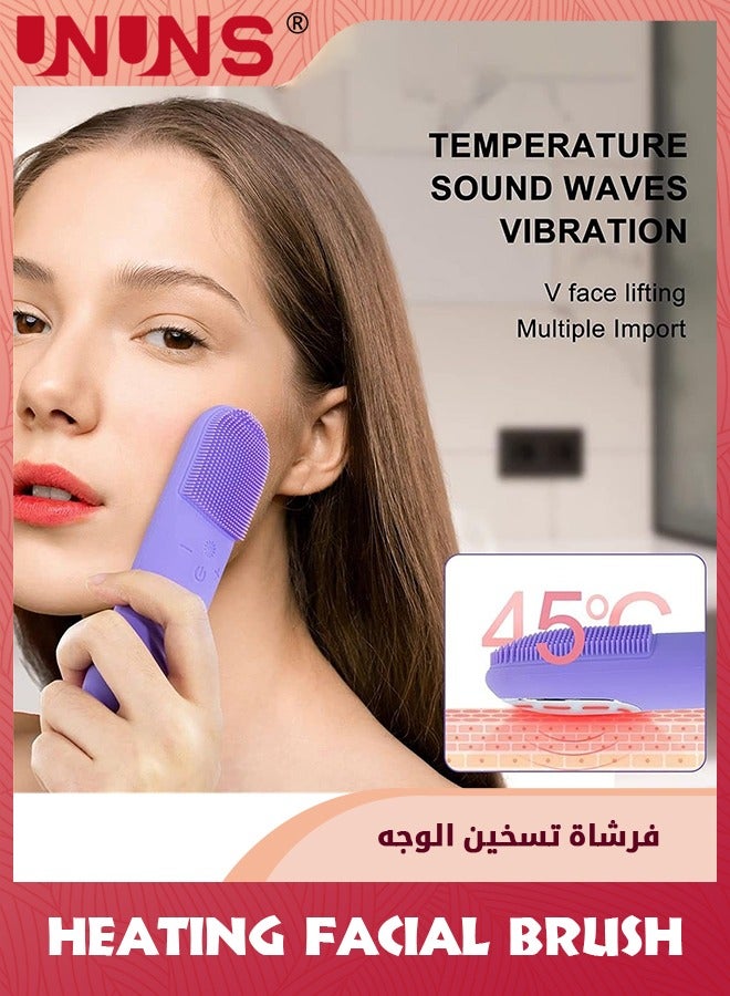 Sonic Facial Cleansing Brush,Power Face Scrubber With 5 Speed Modes,Waterproof 3 in 1 Anion Import With 45℃ Heating Massage,USB Rechargeable Silicone Face Brush,Purple