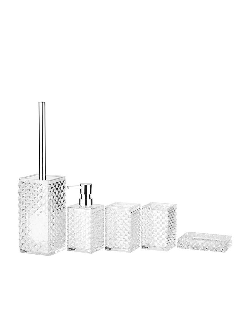 5PCs Glass Bathroom Accessories Set with Decorative Pressed Pattern - Includes Hand Soap Dispenser & Tumbler & Soap Dish & Toothbrush Holder White