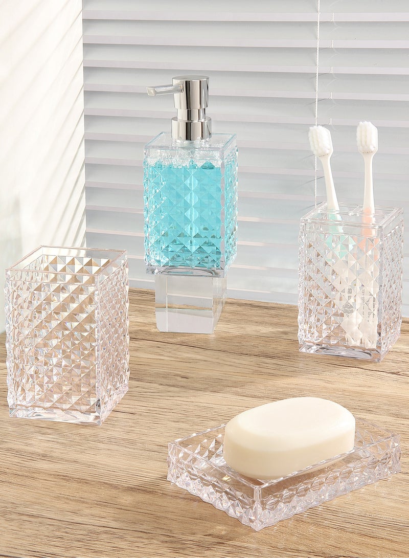 5PCs Glass Bathroom Accessories Set with Decorative Pressed Pattern - Includes Hand Soap Dispenser & Tumbler & Soap Dish & Toothbrush Holder White