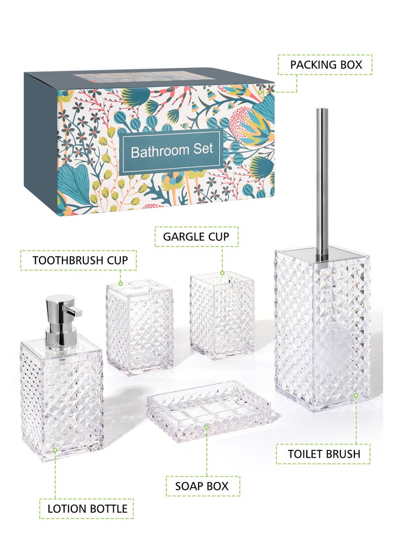 5PCs Glass Bathroom Accessories Set with Decorative Pressed Pattern - Includes Hand Soap Dispenser & Tumbler & Soap Dish & Toothbrush Holder White