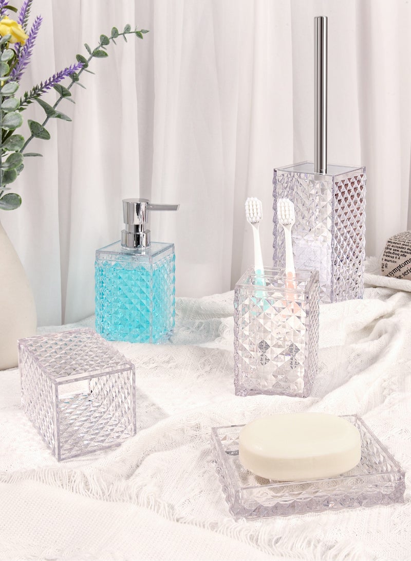 5PCs Glass Bathroom Accessories Set with Decorative Pressed Pattern - Includes Hand Soap Dispenser & Tumbler & Soap Dish & Toothbrush Holder White