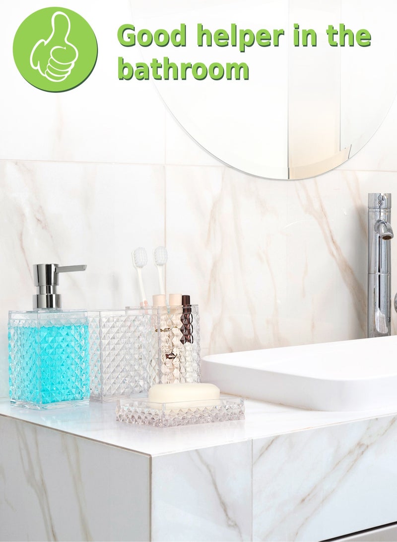 5PCs Glass Bathroom Accessories Set with Decorative Pressed Pattern - Includes Hand Soap Dispenser & Tumbler & Soap Dish & Toothbrush Holder White