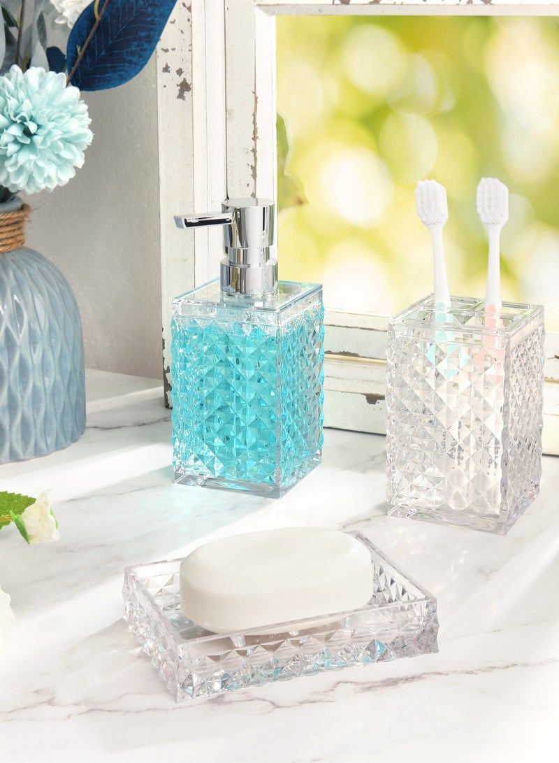 5PCs Glass Bathroom Accessories Set with Decorative Pressed Pattern - Includes Hand Soap Dispenser & Tumbler & Soap Dish & Toothbrush Holder White