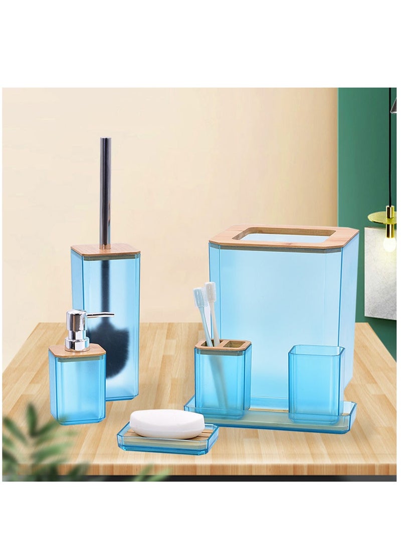 Blue Bathroom Accessories Set, 6 Pcs Bathroom Accessory Set with Trash Can, Soap Dispenser and Toothbrush Holder, Soap Dish, Toilet Brush Holder, Tissue Box Cover