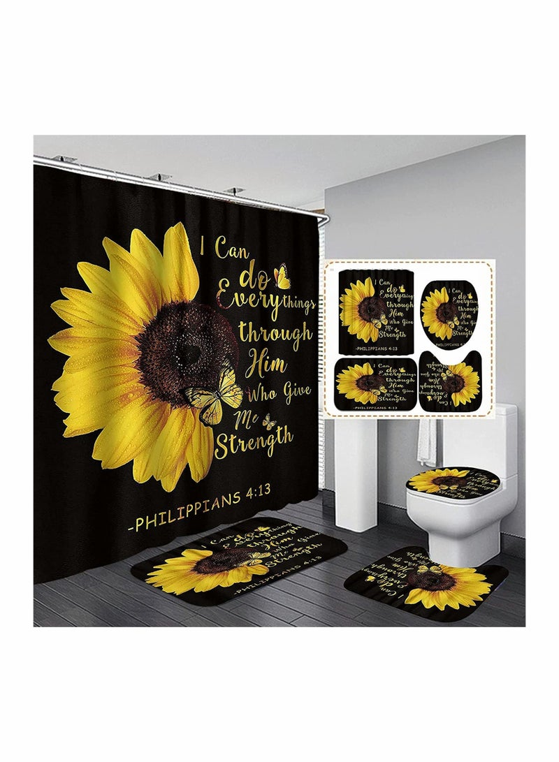 Sunflower Shower Curtain Sets,Quotes Butterfly Bathroom Decor Sets with Rugs Include Waterproof Shower Curtain Non-Slip Rug Toilet Lid Cover Bath Mat 4pcs