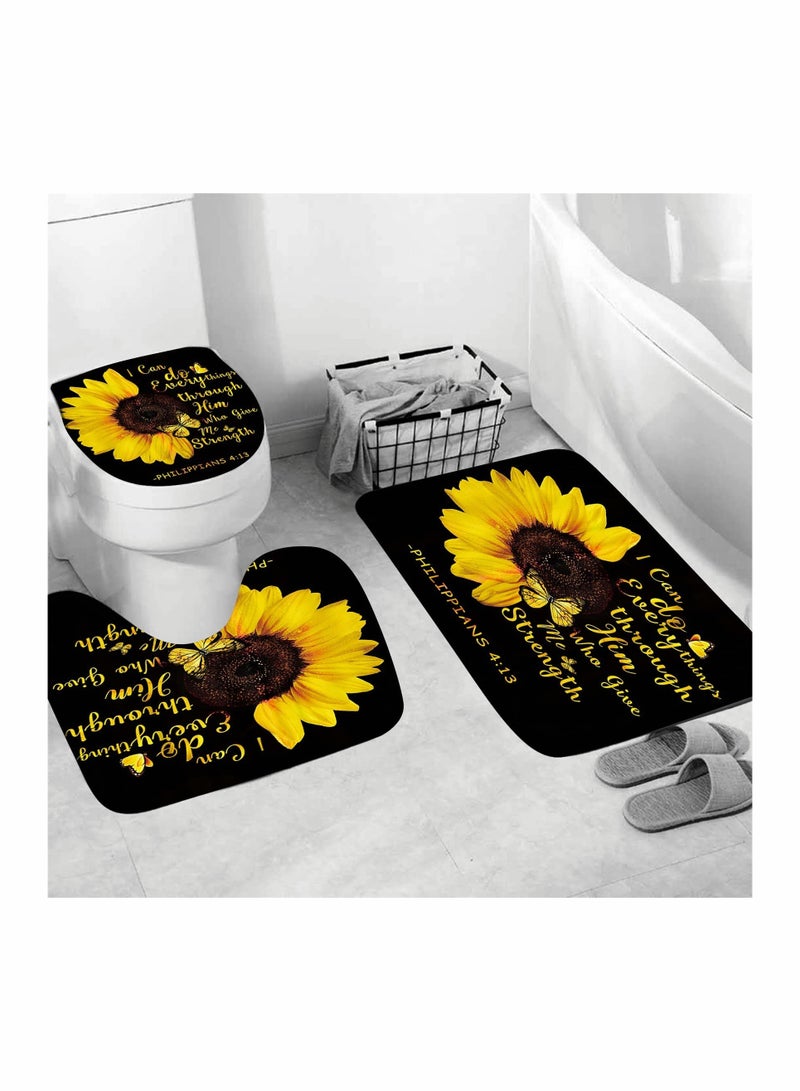 Sunflower Shower Curtain Sets,Quotes Butterfly Bathroom Decor Sets with Rugs Include Waterproof Shower Curtain Non-Slip Rug Toilet Lid Cover Bath Mat 4pcs