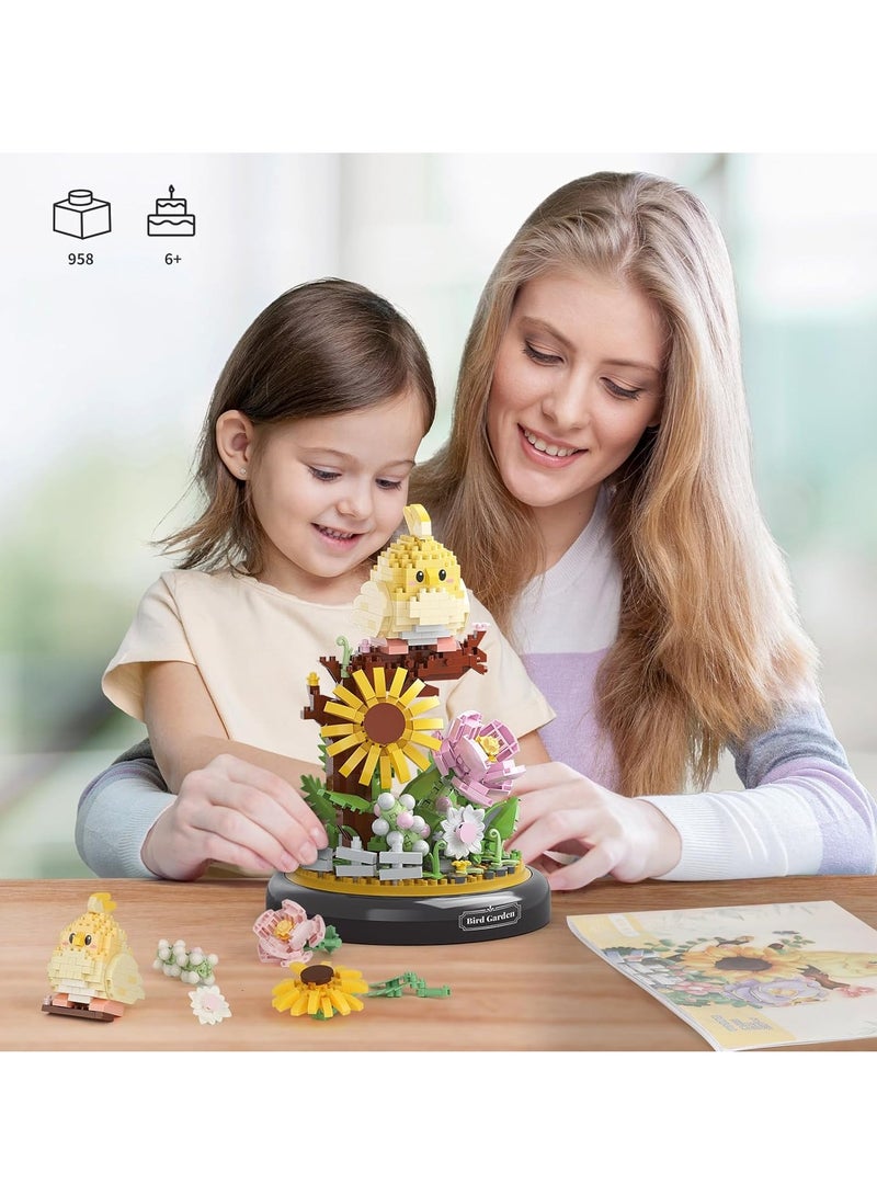 958 PCS Parrot Flower Bouquet Building Set, Buildable Floral Display for Creative Kids, Animals Flowers Plants Decor with Dust Cover, Birthday Gift Building Toy for Boys Girls, Mini Building Blocks
