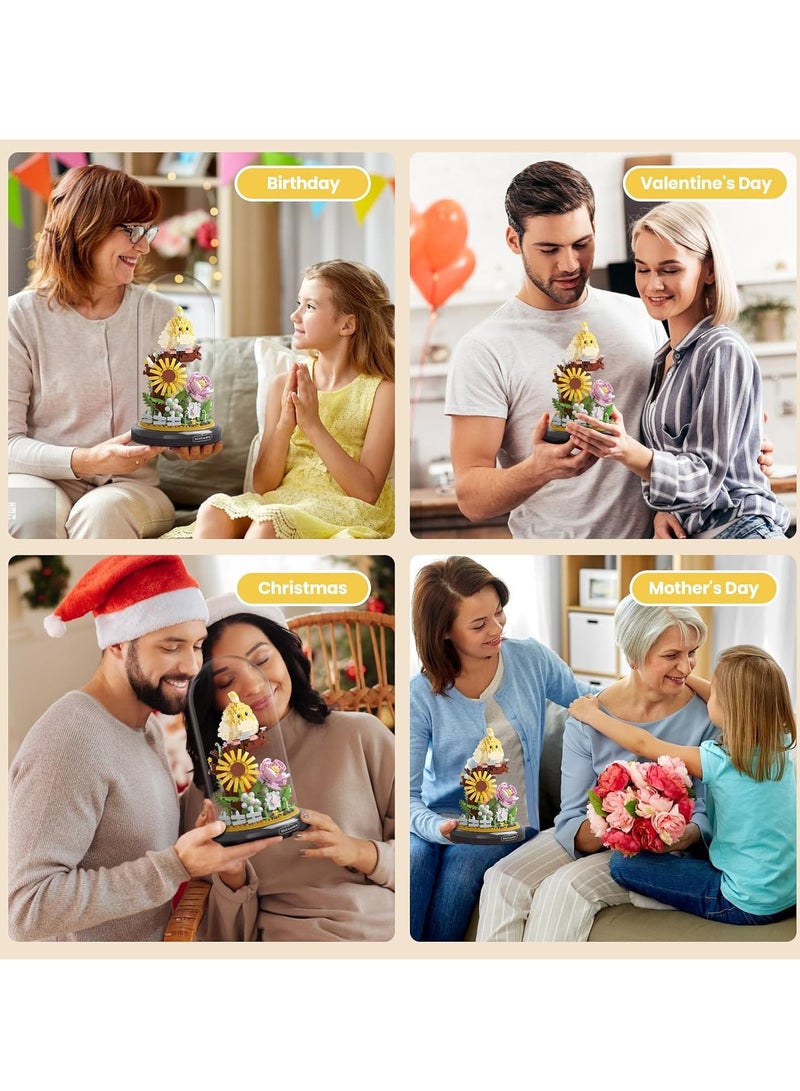 958 PCS Parrot Flower Bouquet Building Set, Buildable Floral Display for Creative Kids, Animals Flowers Plants Decor with Dust Cover, Birthday Gift Building Toy for Boys Girls, Mini Building Blocks