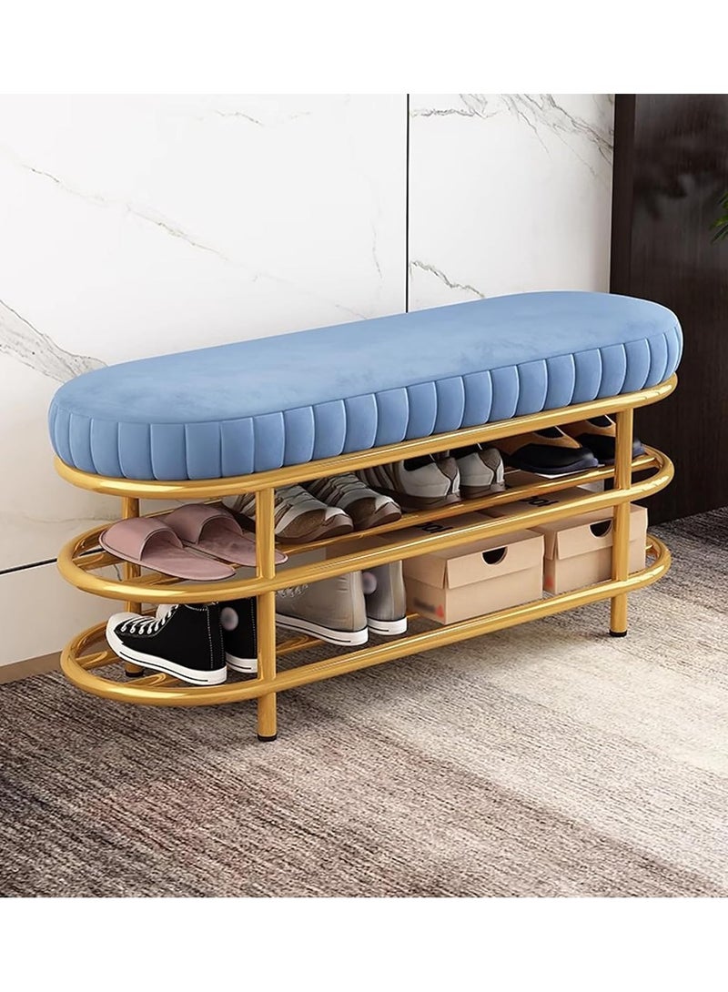 Velvet Shoe Bench with Double Shelf, Modern End Of Bed Bench - Entryway Shoe Rack Bench with Metal Base for Living Room, Bedroom & Hallway
