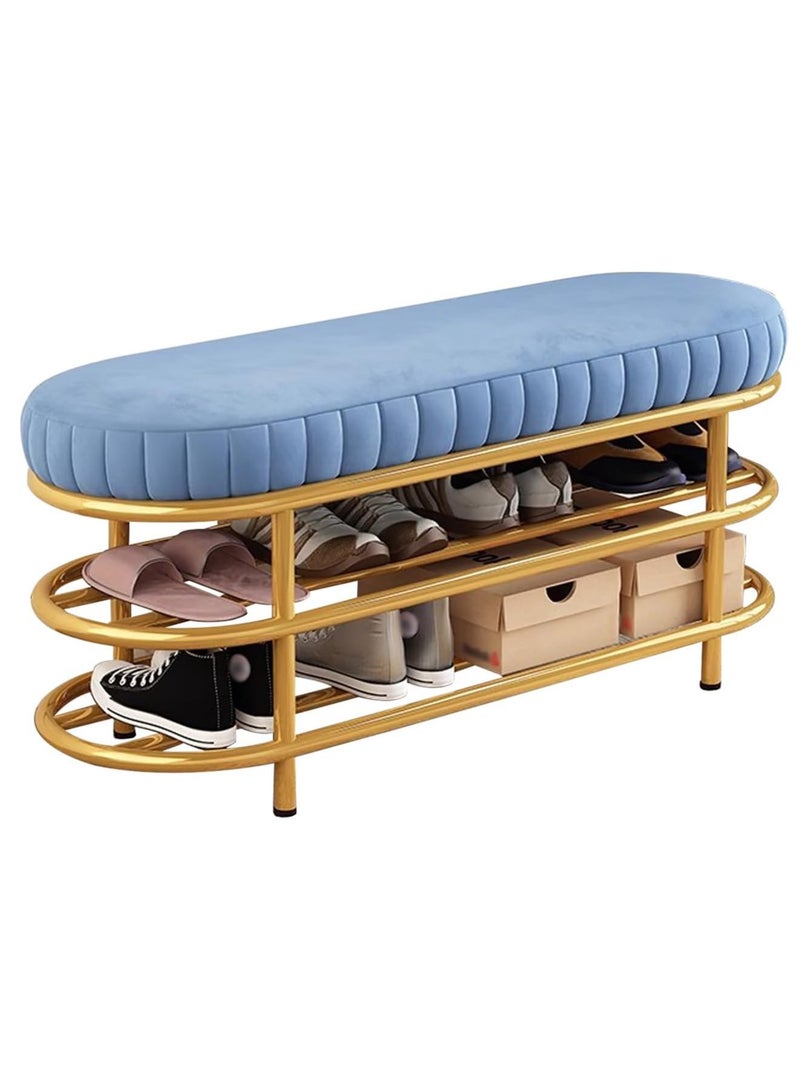 Velvet Shoe Bench with Double Shelf, Modern End Of Bed Bench - Entryway Shoe Rack Bench with Metal Base for Living Room, Bedroom & Hallway