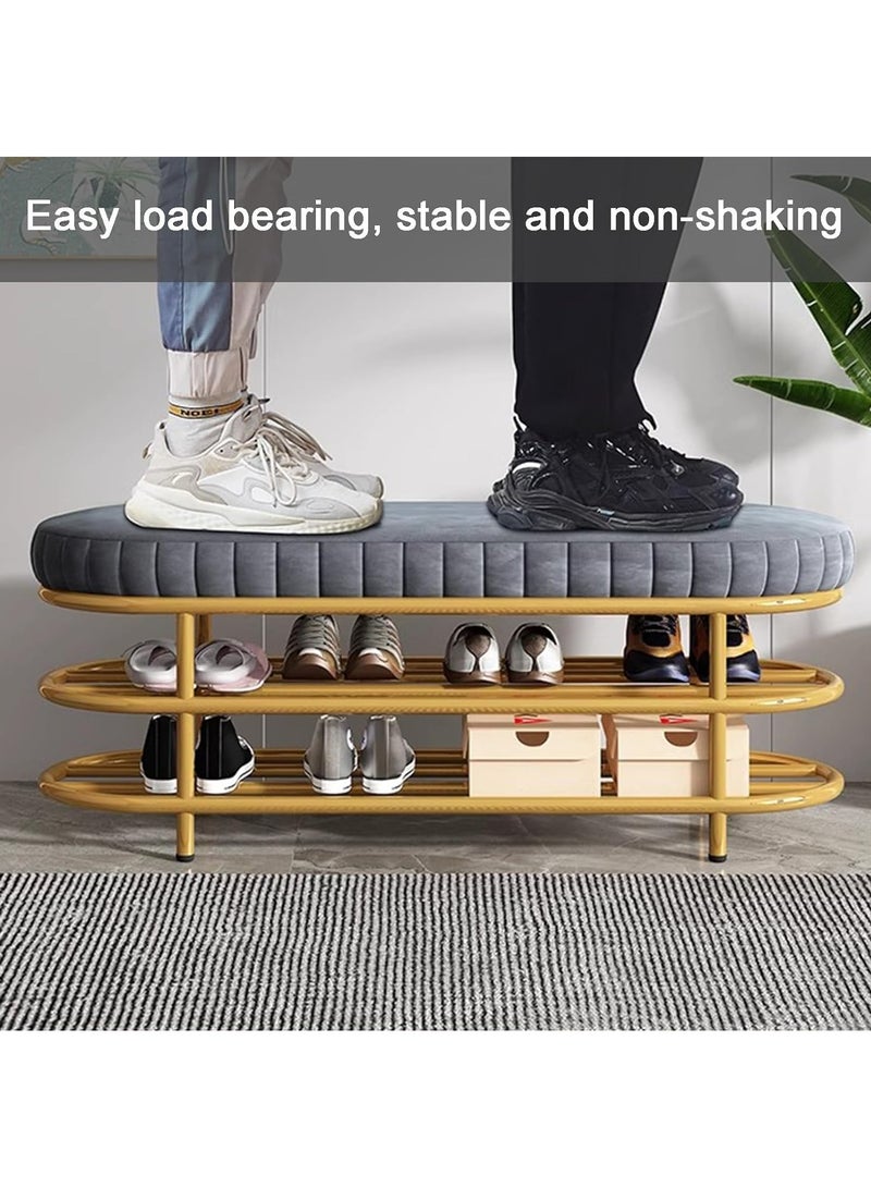 Velvet Shoe Bench with Double Shelf, Modern End Of Bed Bench - Entryway Shoe Rack Bench with Metal Base for Living Room, Bedroom & Hallway