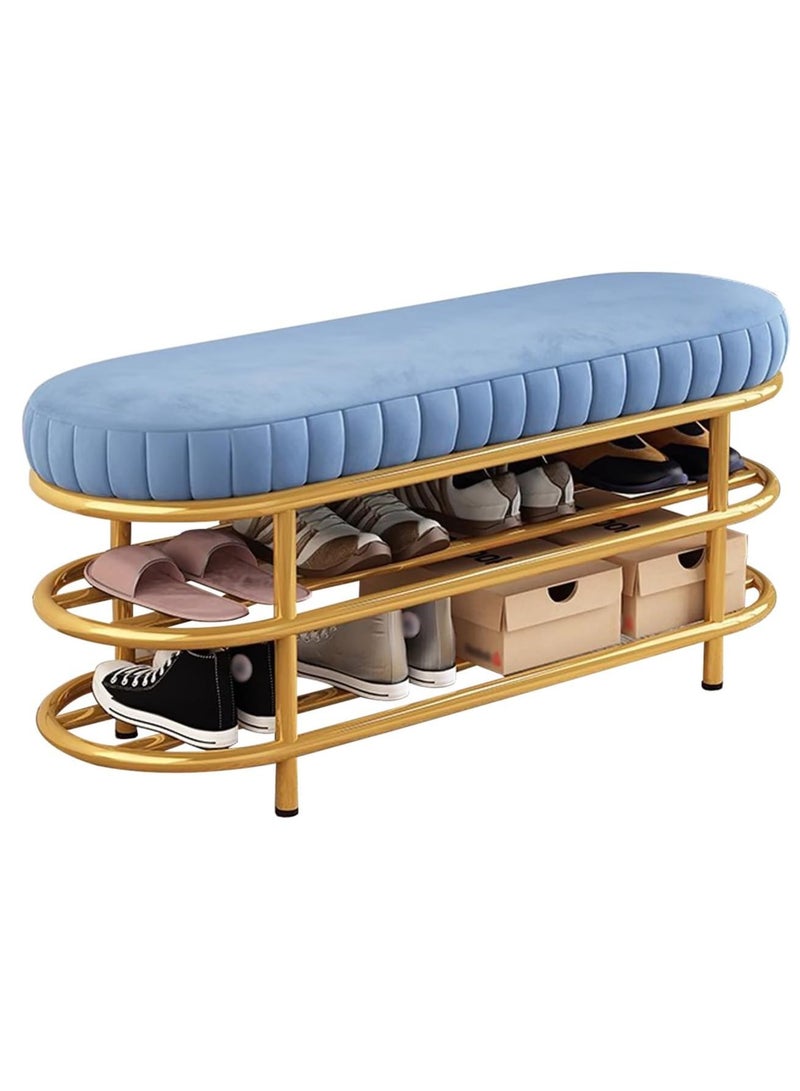 Velvet Shoe Bench with Double Shelf, Modern End Of Bed Bench - Entryway Shoe Rack Bench with Metal Base for Living Room, Bedroom & Hallway