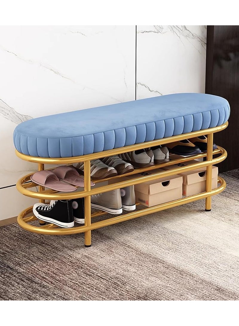 Velvet Shoe Bench with Double Shelf, Modern End Of Bed Bench - Entryway Shoe Rack Bench with Metal Base for Living Room, Bedroom & Hallway