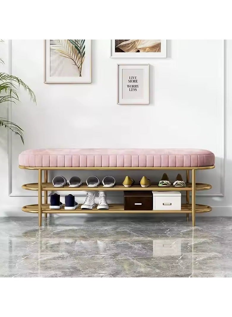 Velvet Shoe Bench with Double Shelf, Modern End Of Bed Bench - Entryway Shoe Rack Bench with Metal Base for Living Room, Bedroom & Hallway