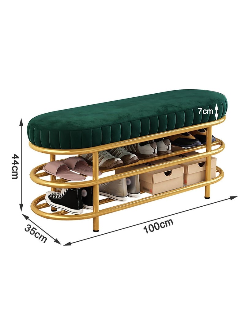Velvet Shoe Bench with Double Shelf, Modern End Of Bed Bench - Entryway Shoe Rack Bench with Metal Base for Living Room, Bedroom & Hallway