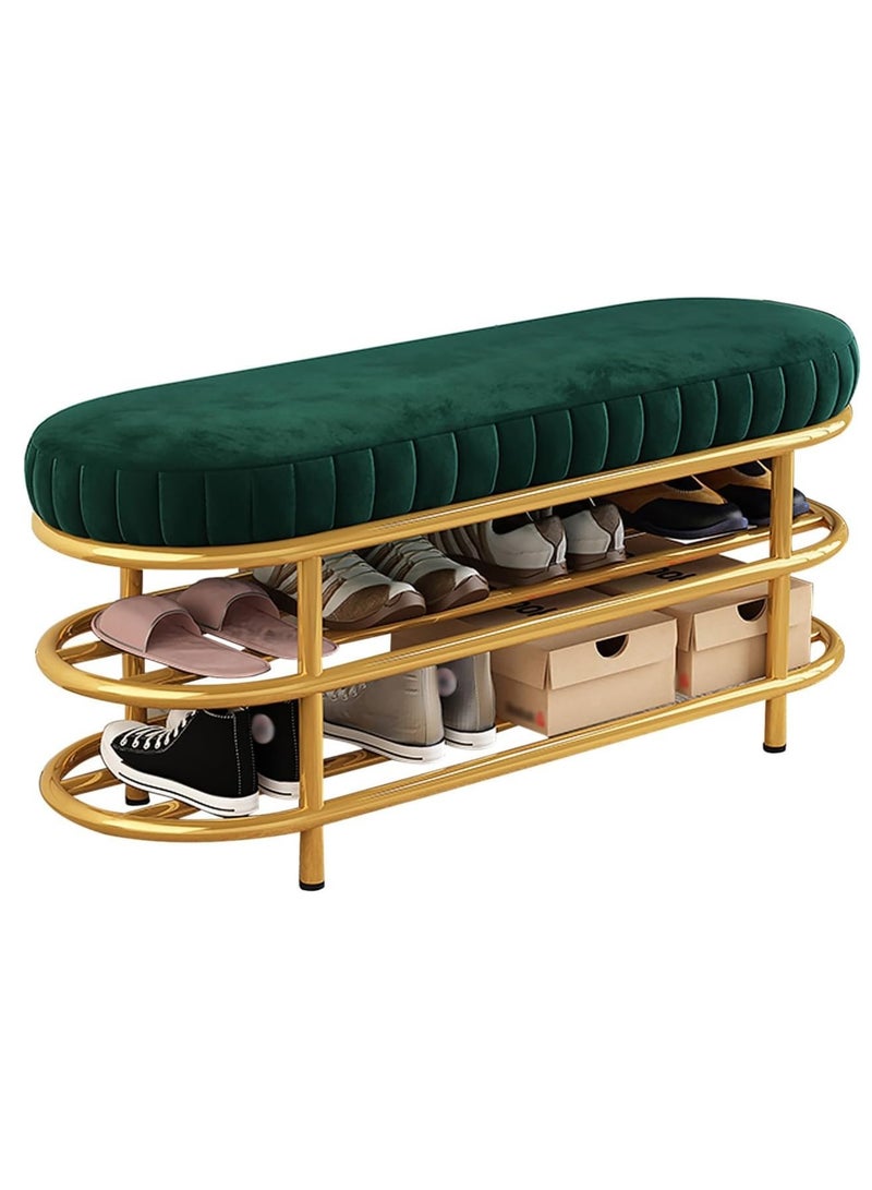 Velvet Shoe Bench with Double Shelf, Modern End Of Bed Bench - Entryway Shoe Rack Bench with Metal Base for Living Room, Bedroom & Hallway