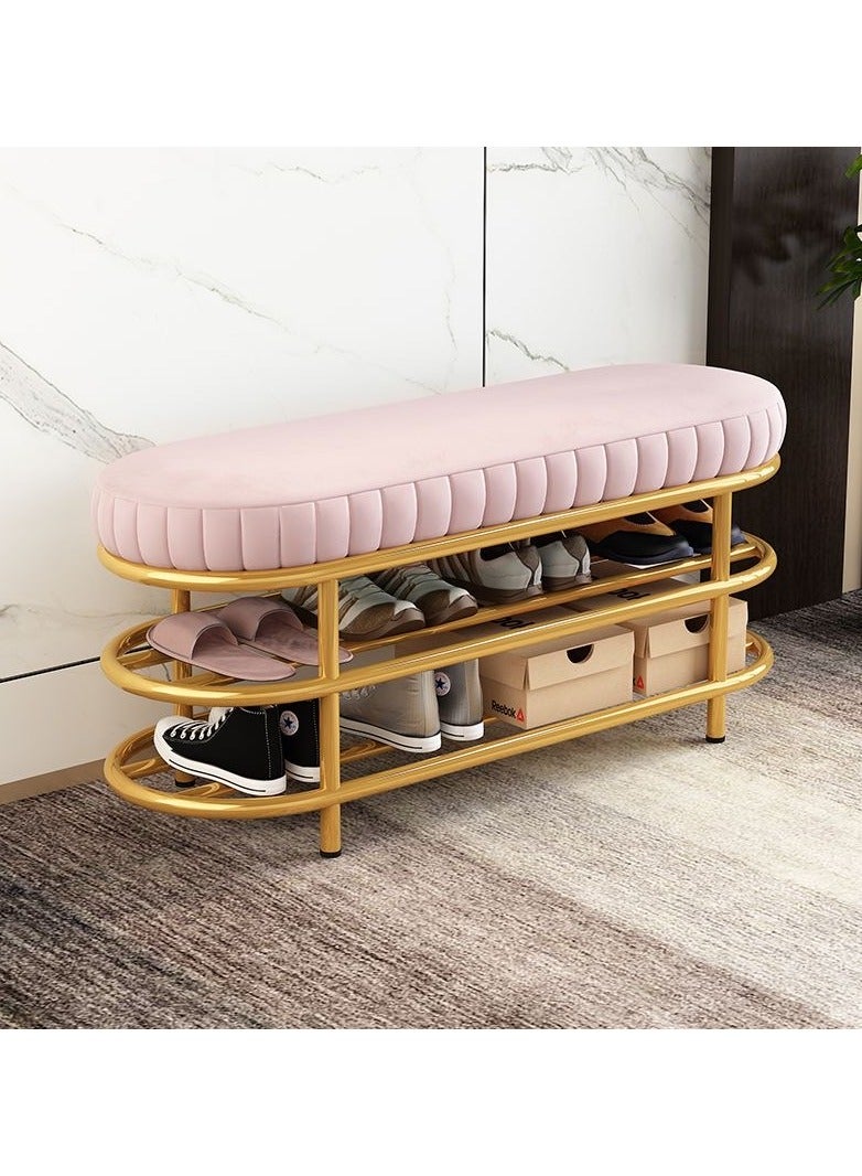 Velvet Shoe Bench with Double Shelf, Modern End Of Bed Bench - Entryway Shoe Rack Bench with Metal Base for Living Room, Bedroom & Hallway
