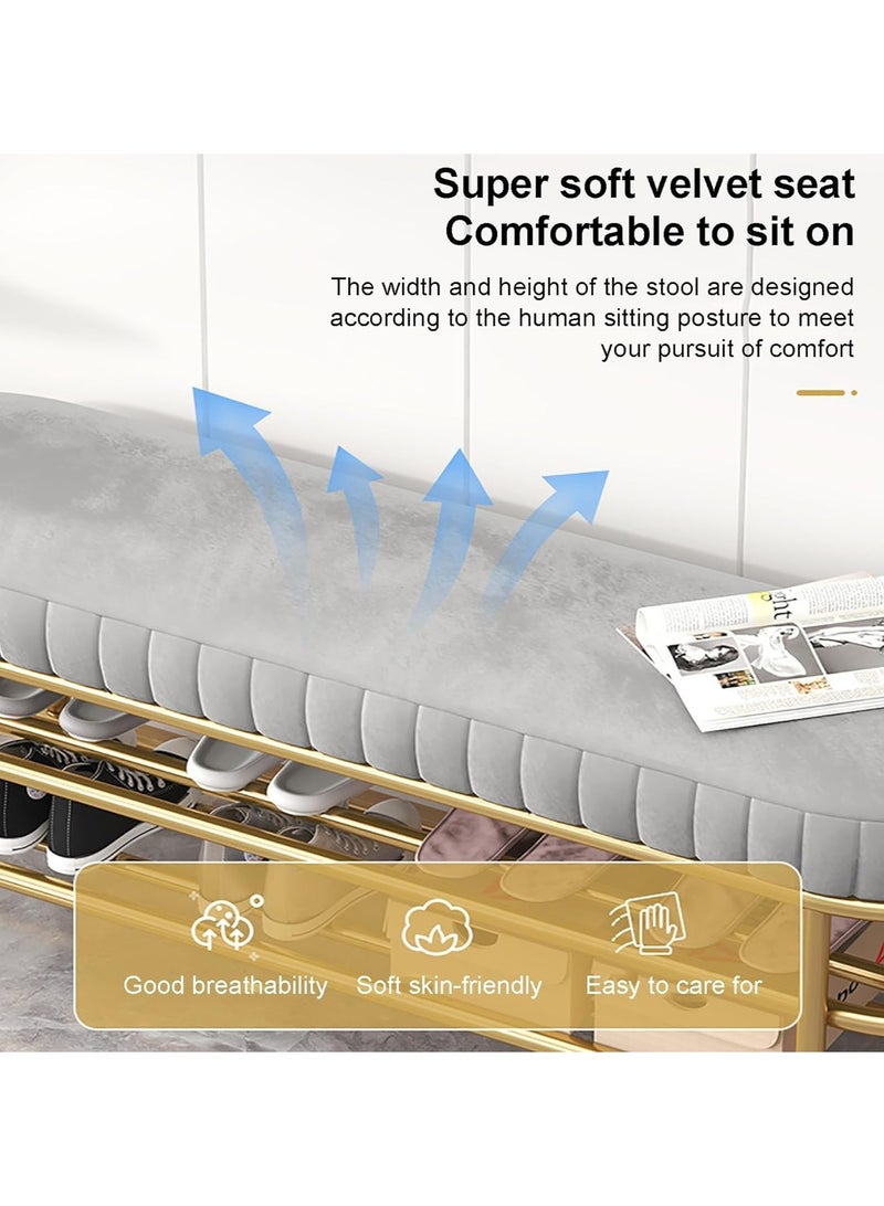 Velvet Shoe Bench with Double Shelf, Modern End Of Bed Bench - Entryway Shoe Rack Bench with Metal Base for Living Room, Bedroom & Hallway