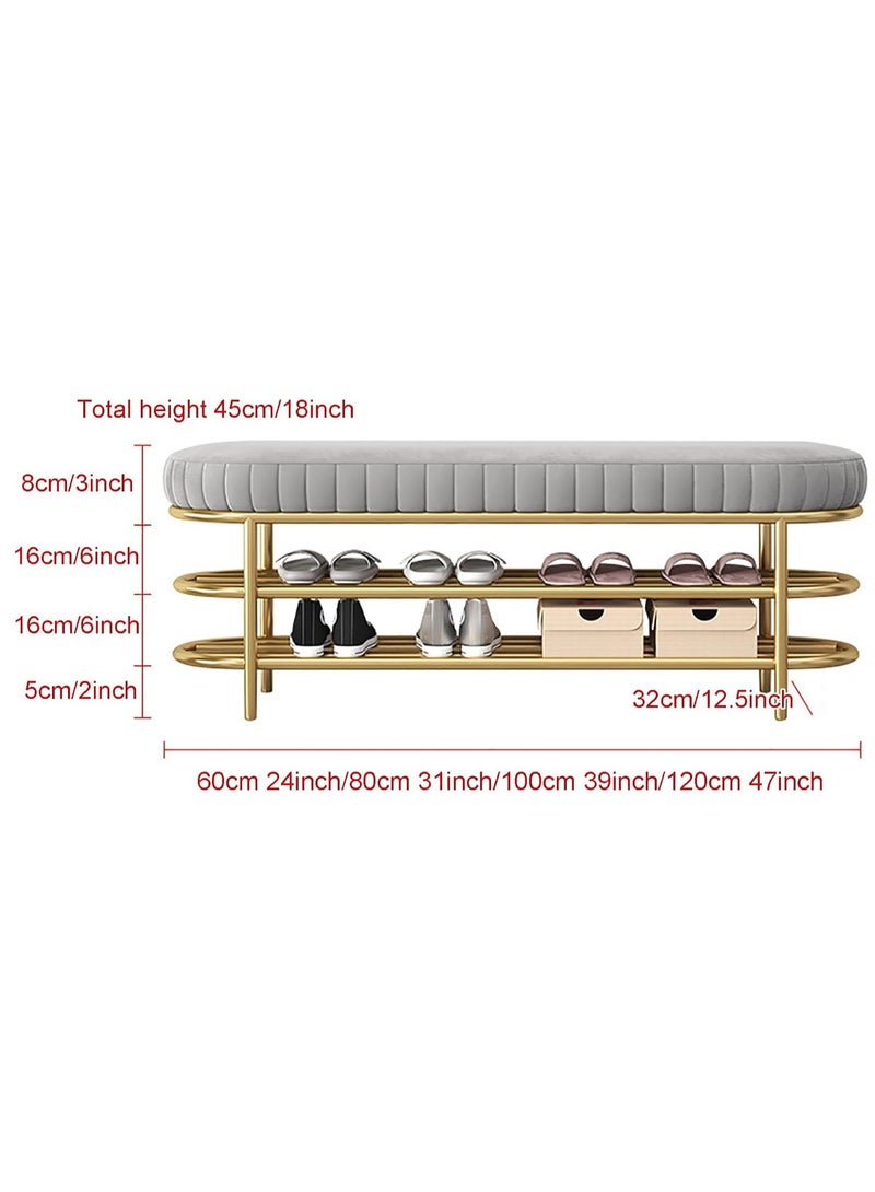 Velvet Shoe Bench with Double Shelf, Modern End Of Bed Bench - Entryway Shoe Rack Bench with Metal Base for Living Room, Bedroom & Hallway