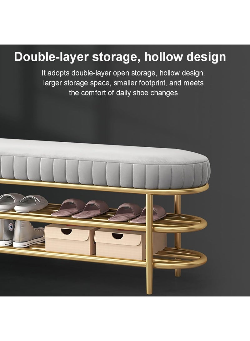 Velvet Shoe Bench with Double Shelf, Modern End Of Bed Bench - Entryway Shoe Rack Bench with Metal Base for Living Room, Bedroom & Hallway