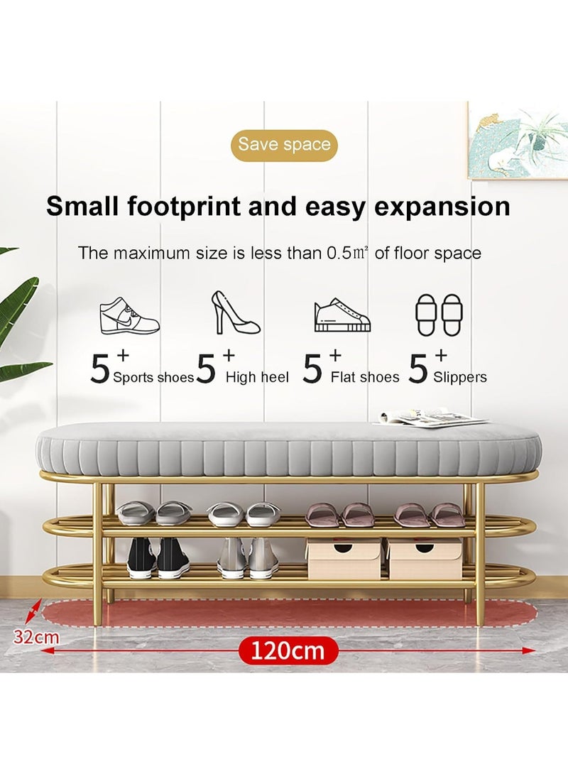 Velvet Shoe Bench with Double Shelf, Modern End Of Bed Bench - Entryway Shoe Rack Bench with Metal Base for Living Room, Bedroom & Hallway